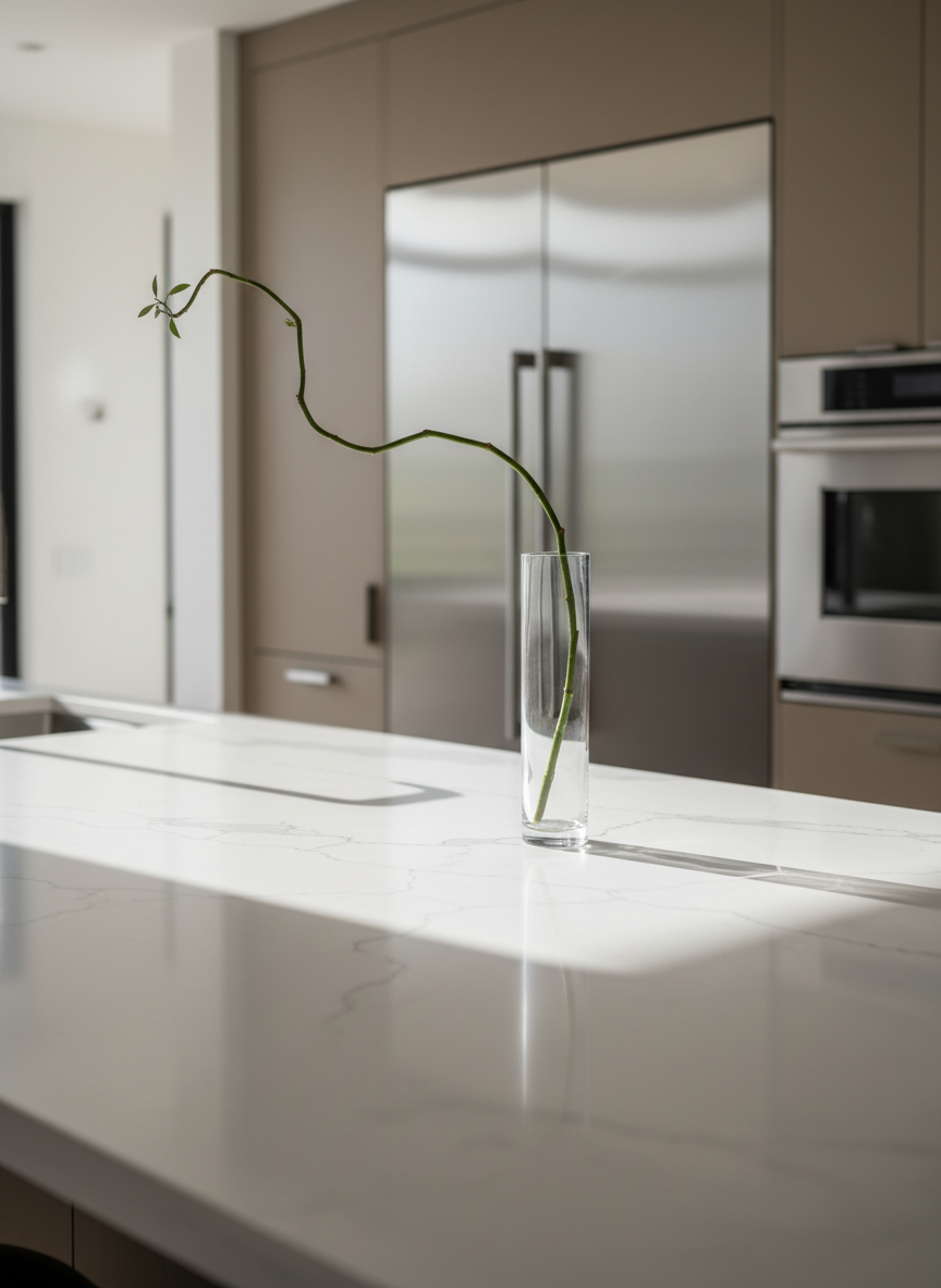 An elegant, minimalist kitchen detail shot emphasizing premium finishes that appeal to sophisticated Southern California buyers and investors. A close-up of a large quartz island with subtle veining in soft gray tones, its polished surface catching diffused daylight from a nearby window. A single, tall glass vase holds a sculptural green branch, casting a delicate shadow. In the softly blurred background, flat-panel cabinetry in warm taupe and integrated stainless appliances suggest a full gourmet kitchen. The lighting is soft and even, creating gentle reflections without harsh glare. Captured from a slightly elevated, three-quarter angle with shallow depth of field, the composition is clean and uncluttered. The photographic realism and understated luxury convey attention to detail, quality materials, and a high-end real estate experience.
