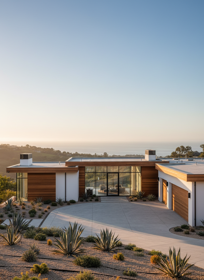 A luxurious Southern California contemporary home exterior with crisp white stucco walls, expansive floor-to-ceiling glass, and warm cedar accents, perched slightly above a manicured front yard with drought-tolerant landscaping and sculpted agave plants. The home is set on a quiet coastal hillside street, with a subtle glimpse of the Pacific Ocean in the distant background. Golden hour sunlight washes the façade, creating long, elegant shadows and a soft glow on the glass. Photographed at eye level with a wide-angle lens, the composition emphasizes clean lines, symmetry, and curb appeal. The mood is sophisticated yet welcoming, conveying premium real estate and an elevated lifestyle in photographic realism.