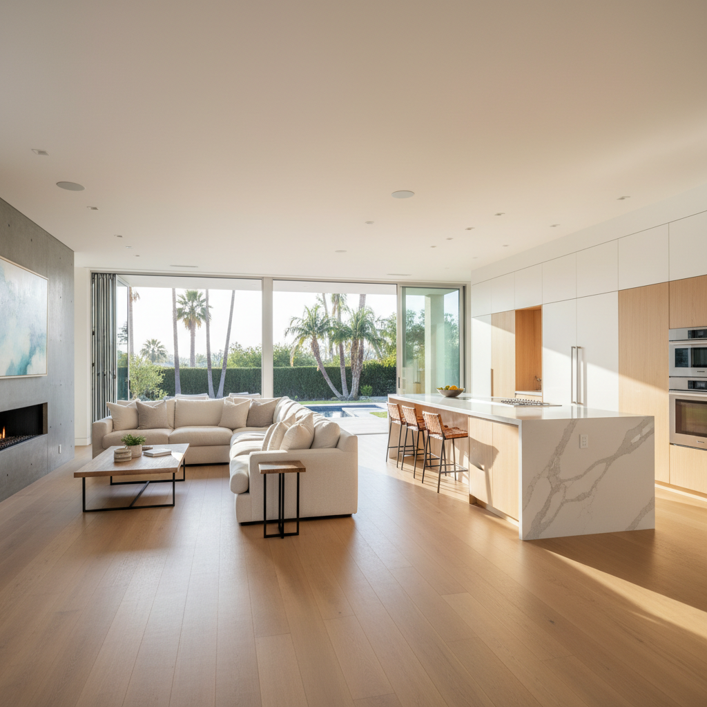 A bright, meticulously staged open-concept living room and kitchen in a Southern California home, featuring wide-plank light oak flooring, a plush cream sectional sofa, and a sleek stone fireplace with a linear gas insert. The kitchen showcases a generous island with a waterfall quartz countertop, integrated appliances, and minimalist cabinetry in soft white and warm wood. Large sliding glass doors open to a sunlit patio, subtly revealing palm trees and a peek of a blue-tiled pool. Soft afternoon natural light floods the space, creating gentle highlights on surfaces and a calm, airy atmosphere. Captured from a slightly elevated corner with sharp focus throughout, the photographic style is clean and modern, ideal for showcasing real estate to discerning buyers and investors.