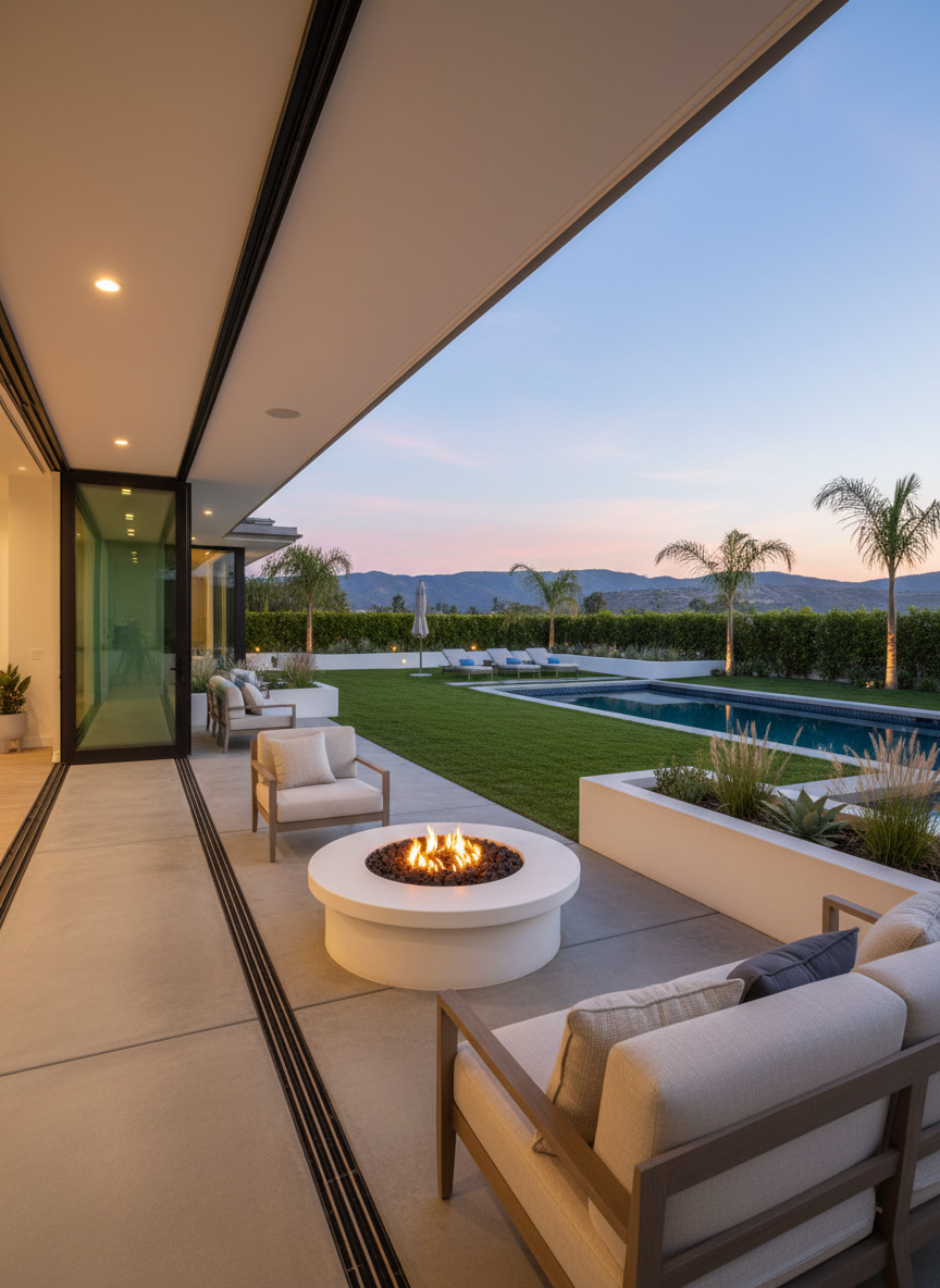 A serene, family-friendly Southern California backyard designed for indoor-outdoor living, featuring a smooth concrete patio that flows seamlessly from large glass doors, a built-in stucco fire pit with lava rock, and a neatly trimmed rectangle of lush green grass bordered by low white planters. Beyond, a modern pool with deep blue water tiles reflects the sky, framed by slim palm trees and a distant hint of rolling hills. Soft twilight lighting with a subtle pink and blue sky casts a gentle, even glow across the scene, with warm recessed lights under the patio overhang. Photographed from a low, slightly angled viewpoint, the composition draws the eye from the foreground seating area toward the pool. The mood is relaxed yet polished, ideal for showcasing the lifestyle potential of the property.