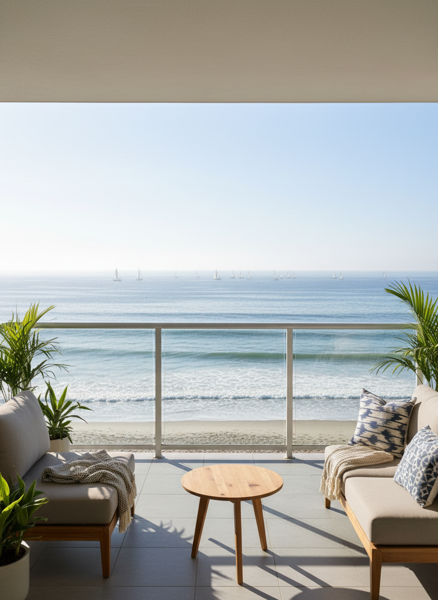 A sunlit coastal condo balcony staged for sophisticated Southern California living, overlooking a softly focused shoreline with gentle waves and a line of distant sailboats. The balcony features smooth, light-gray porcelain tile flooring and a sleek glass railing with brushed metal posts. A low-profile outdoor sofa with sand-colored cushions and a small teak coffee table with a subtle grain pattern create an intimate seating area. Mid-morning light brightens the scene, reflecting off the ocean and casting soft highlights on the glass railing. Shot from a slightly elevated angle looking outward, the composition frames the seating in the foreground and the coastline beyond. The atmosphere is serene yet aspirational, in a clean, modern photographic style ideal for showcasing coastal investment and vacation properties.